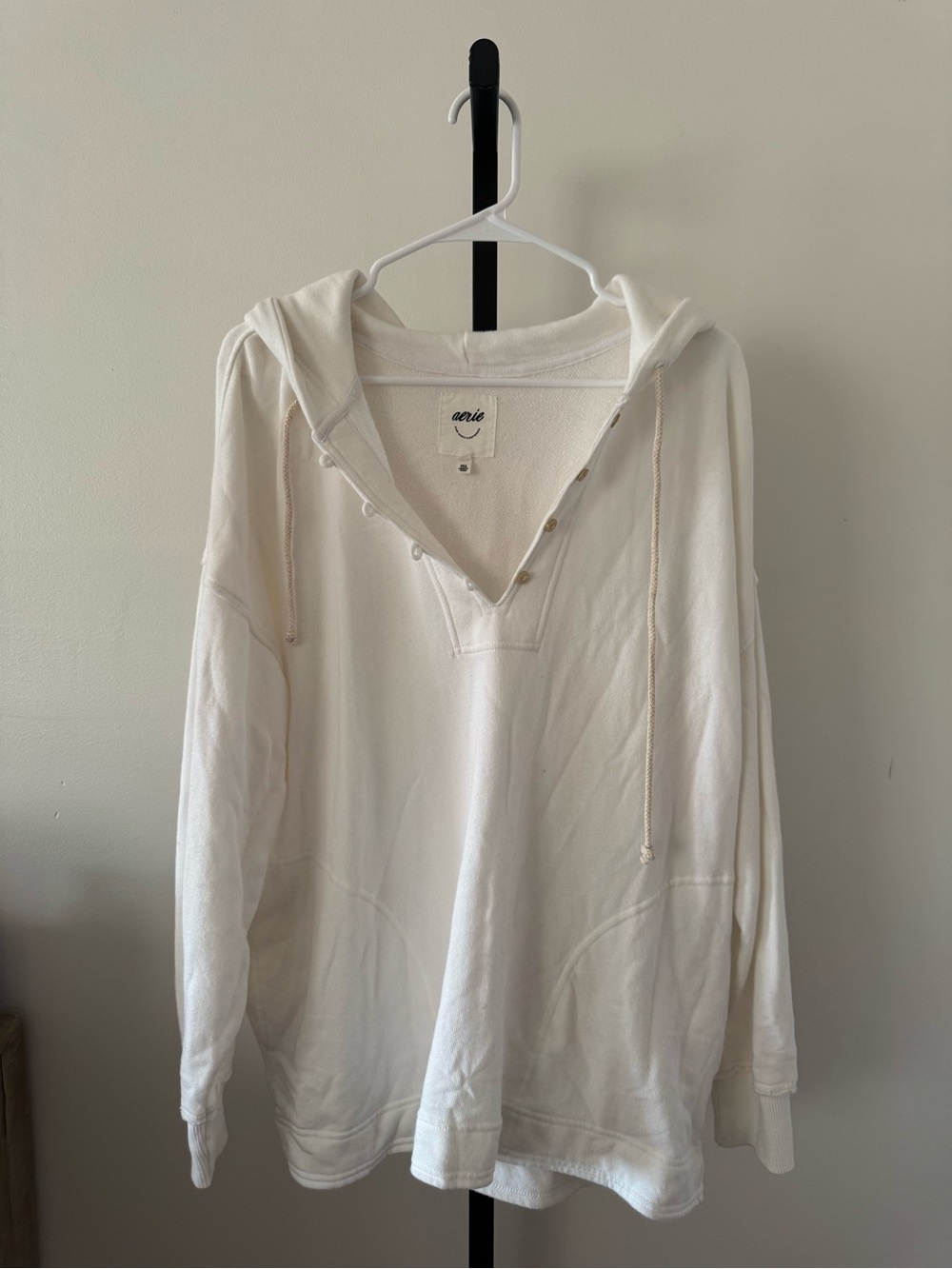 aerie Cream Hooded Pullover with V‑Neck Snap Detail